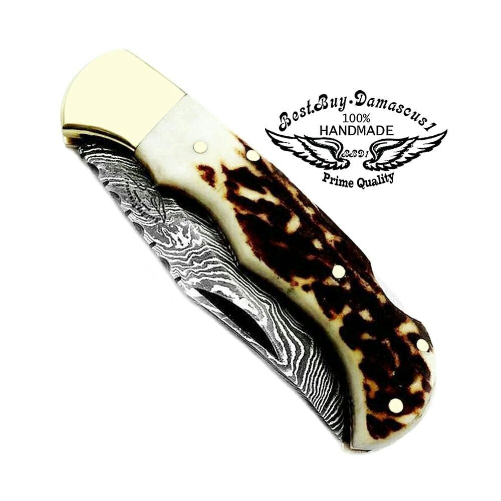 knife 6.5" Deer Antler Horn Folding Pocket Knife Custom Handmade Damascus pocket knife Hunting folding knife set Premium Quality