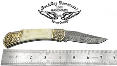 Couteau de poche Camel Bone 7.5'' Couteau pliant Damas fait à la main Scrimshaw Couteaux de poche de travail 