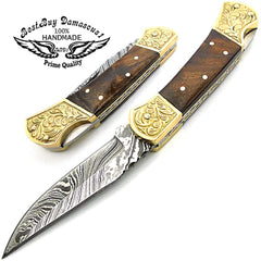 Pocket Knife Rose Wood 7.5" Knife Brass Double Bloster Scrimshaw Work Handmade Damascus Steel Pocket Knife