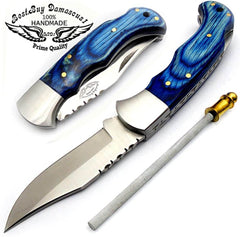 Couteau de poche en bois de traversin en acier inoxydable fait à la main sur mesure, bleu, 6,5" 