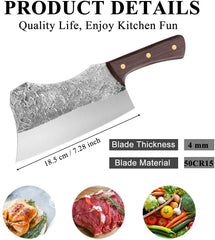 Hand Forged Cleaver Knife Bone Cutting 7 Inch High Carbon Steel Heavy Duty Meat Butcher Knife Full Tang Chef Knife for Kitchen or Restaurant