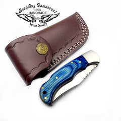 Couteau de poche en bois de traversin en acier inoxydable fait à la main sur mesure, bleu, 6,5" 