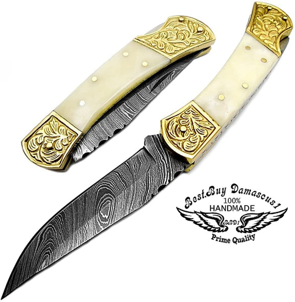 Couteau de poche Camel Bone 7.5'' Couteau pliant Damas fait à la main Scrimshaw Couteaux de poche de travail 