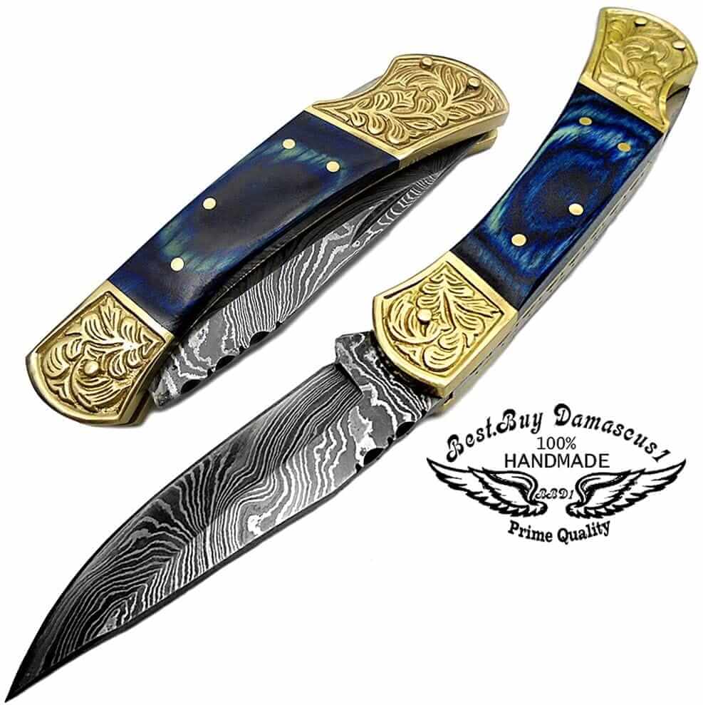 Pocket knives Blue Wood Pocket knife for men Scrimshaw Work 7.6'' knife Damascus Pocket knife Folding Knife gifts for men