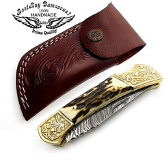 couteau Deer Antler Pocket Knife avec Scrimshaw Work 7.6'' Damas Couteaux de poche cadeaux pour hommes 