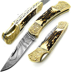 knife Deer Antler Pocket Knife with Scrimshaw Work 7.6'' Damascus Pocket knives gifts for men