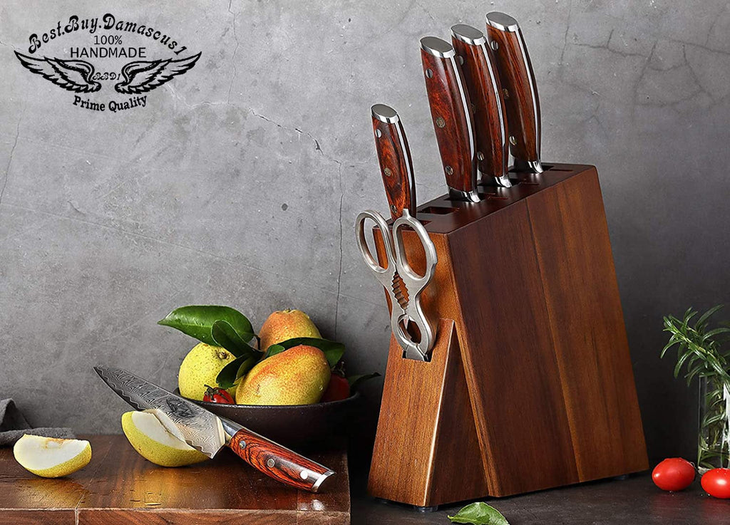 Knife Block Sets 7 Pieces Kitchen Knife Set with Block Wooden Professional Damascus Steel Chef Knife Santoku Bread Utility Fruit Knife