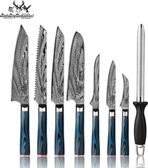 Kitchen Knife Set 9 Pcs Japanese AUS-10 Damascus Steel Chef Knife Set Blue G10 Knife Set Professional Chef Knife Block Set