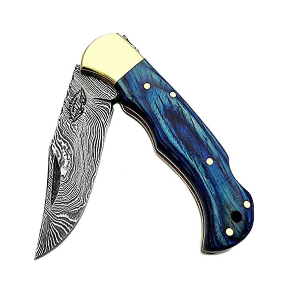 knife 6.5" Blue Wood Damascus Steel Folding Pocket Knife Hunting knife Pocket knife for men, Pocket knives set
