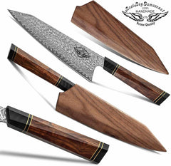 Chef knife Damascus Steel 8.5 inch Chef Knife, Hand Forged Kitchen Kiritsuke Knife Professional Japanese Chef Knife- Rose Wooden Handle with Black Walnut Wooden Sheath and Acacia Wooden Box