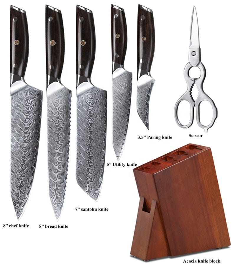  Kitchen Damascus Knife Set Japanese VG-10 Steel Knives Block Set  Shadow Wood Handle for Chef Knife Set High Carbon Core Stainless Steel Full  Tang Kitchen Knife Set with Block (8 Piece)