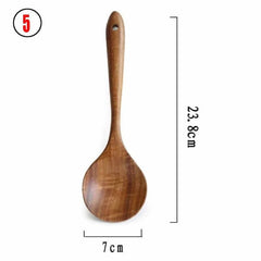 7pcs Kitchen Tableware Spoon Set Teak Natural Wood Spoon Ladle Turner Rice Colander Soup Skimmer Cooking Spoon Scoop Kitchen Reusable Tool Kit