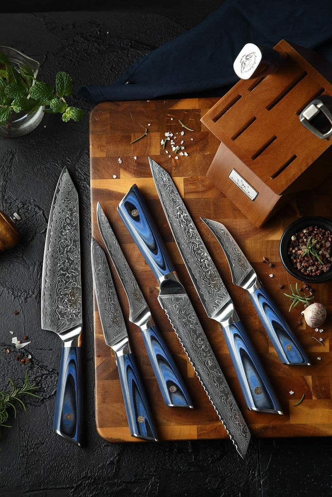 Knife Block Set 9 Pcs Japanese Aus-10 Damascus Knife Set, Chef Knives Blue G10 Handel Premium Quality Kitchen Knife Set