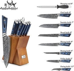 Knife Block Set 9 Pcs Japanese Aus-10 Damascus Knife Set, Chef Knives Blue G10 Handel Premium Quality Kitchen Knife Set