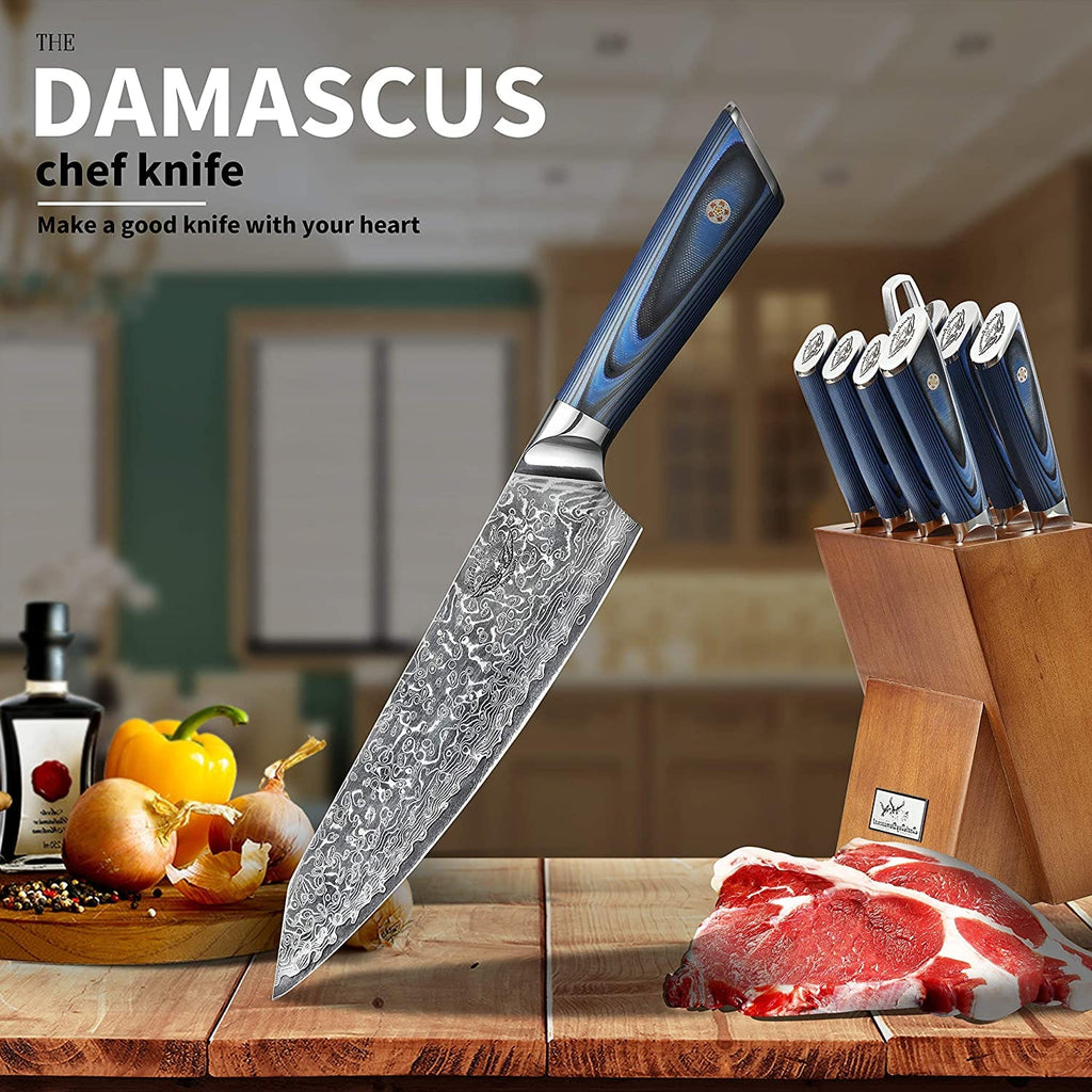 Knife Block Set 9 Pcs Japanese Aus-10 Damascus Knife Set, Chef