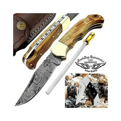 Couteau de poche en bois d'olivier, ensemble de couteaux de poche damas pour hommes, ensemble de couteaux pliants