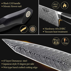 Couteau de chef professionnel en acier damas de 8,5 pouces, manche G10 de qualité militaire avec gaine magnétique 
