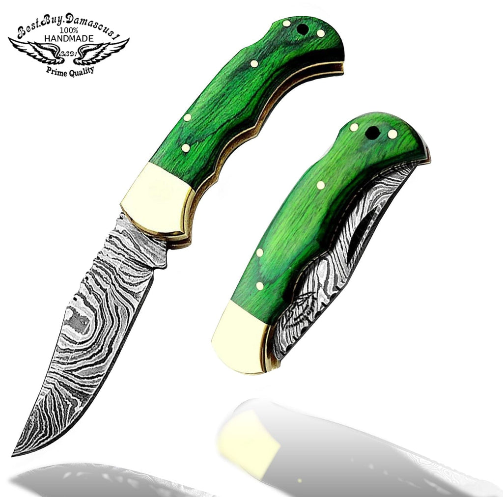 knife 6.5" Green Wood Pocket Knife Damascus Steel Folding Hunting knife Pocket knife for men, Pocket knives