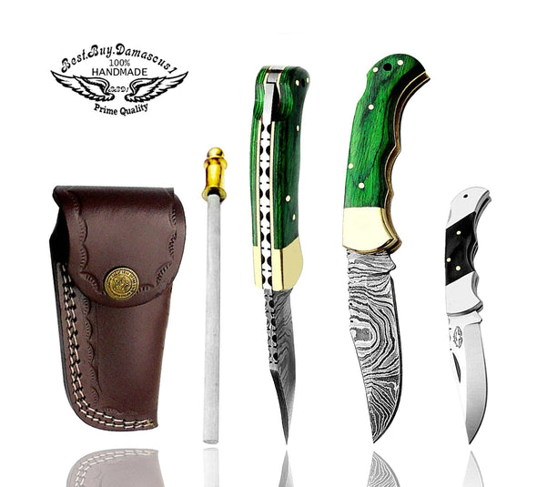 knife 6.5" Couteau de poche en bois vert Couteau de chasse pliant en acier damas Couteau de poche pour hommes, Couteaux de poche 