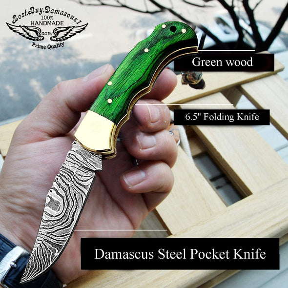 knife 6.5" Couteau de poche en bois vert Couteau de chasse pliant en acier damas Couteau de poche pour hommes, Couteaux de poche 