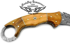 couteau 8.2" Couteau de chasse Karambit Couteau à lame fixe en bois d'olivier Damas