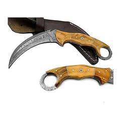 knife 8.2" Karambit Hunting knife Olive Wood Damascus Hunting fixed blade knife