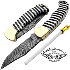 Couteau de poche Couteau en acier Damas Noir et Blanc Petites lignes 6,5" Couteaux de poche