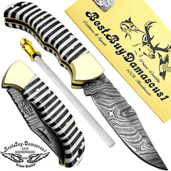 Pocket Knife Damascus Steel Knife Black & White Small Lines 6.5" Pocket Knives