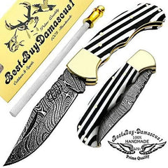 Pocket Knife 6.5" Black & White Damscus Steel Best Hunting Camping or sho