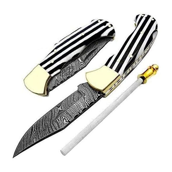 Pocket Knife 6.5" Black & White Damscus Steel Best Hunting Camping or sho