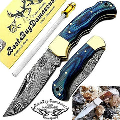 couteau 6.5" Couteau de poche pliant en acier damas en bois bleu couteau de chasse couteau de poche pour hommes, ensemble de couteaux de poche
