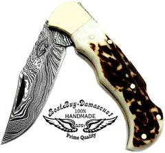 couteau 6.5" Deer Antler Horn Couteau de poche pliant personnalisé fait à la main Damas couteau de poche Chasse couteau pliant ensemble Premium Quality