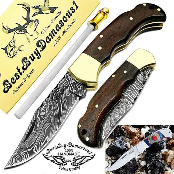 knife 6.5" Rose Wood Folding Pocket Knife Damascus Pocket Knife Hunting Knife Pocket knife set