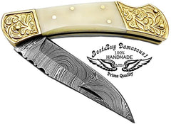 Pocket Knife Camel Bone 7.6 '' Scrimshaw couteau pliant damas couteau de poche couteau de poche pour hommes aiguiseurs de couteaux cadeaux pour hommes Pocket Knives