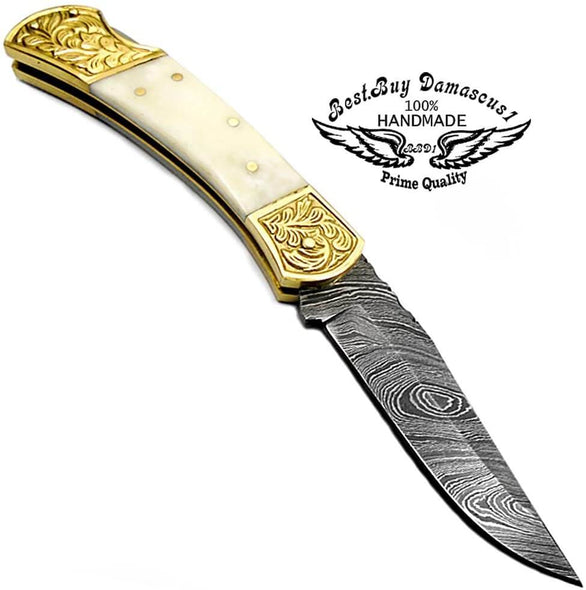 Pocket Knife Camel Bone 7.6 '' Scrimshaw couteau pliant damas couteau de poche couteau de poche pour hommes aiguiseurs de couteaux cadeaux pour hommes Pocket Knives