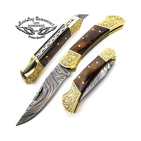 Pocket Knife 7.5''  Rose Wood Damascus Pocket Knife Scrimshaw Hunting Folding Knife Men's & Women's Gifts