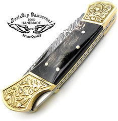 Damascus Pocket Knife 7.5" Buffalo Horn Scrimshaw Work Folding Knife