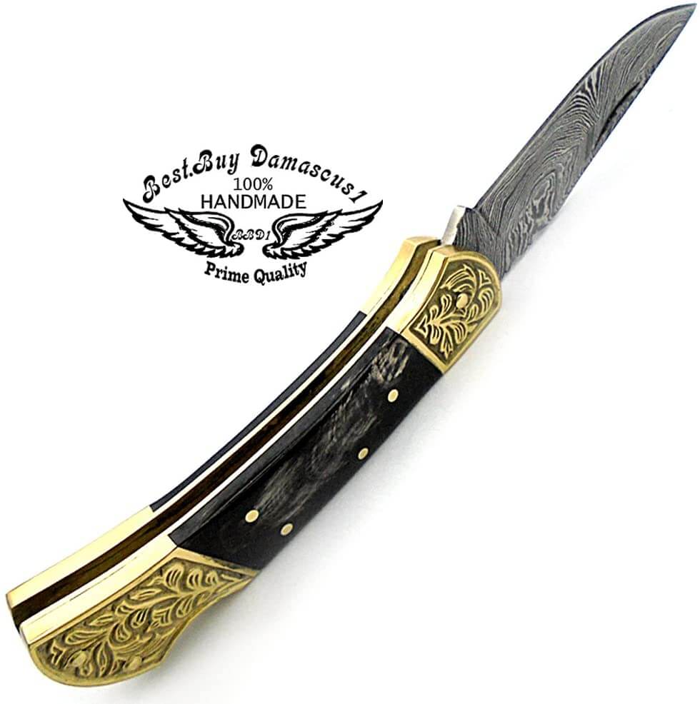 Damascus Pocket Knife 7.5" Buffalo Horn Scrimshaw Work Folding Knife