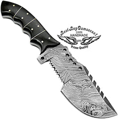 Couteau de chasse en corne de buffle, couteau de suivi à lame fixe de 9.5 pouces, couteau en acier damas