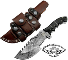 Couteau de chasse en corne de buffle, couteau de suivi à lame fixe de 9.5 pouces, couteau en acier damas