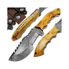 Couteau de chasse en bois d'olivier, couteau de suivi à lame fixe de 9.5 pouces, couteau de chasse en acier damas