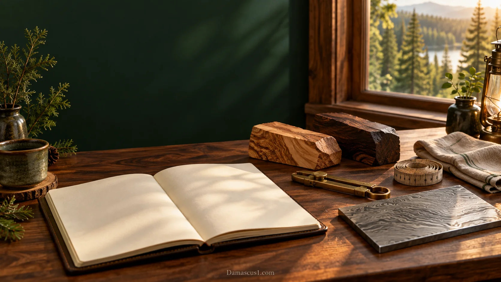 A field journal, wood samples and measuring tools on a cabin reference desk — editorial illustration