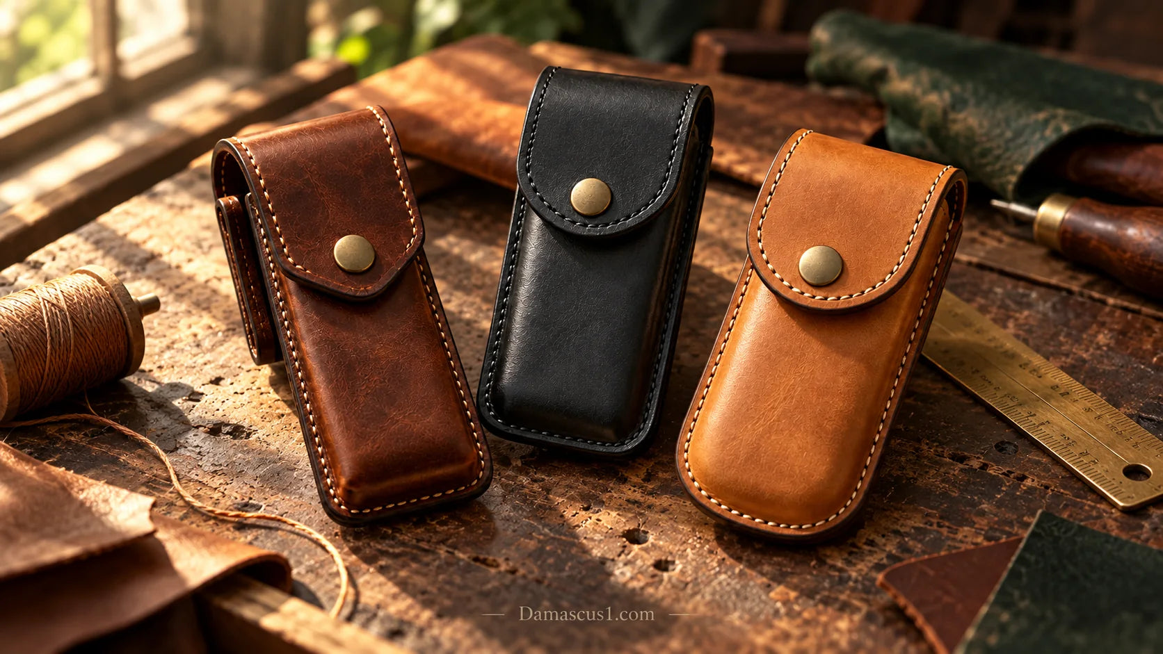 Brown, black and tan leather sheath concepts on a sunlit craft bench