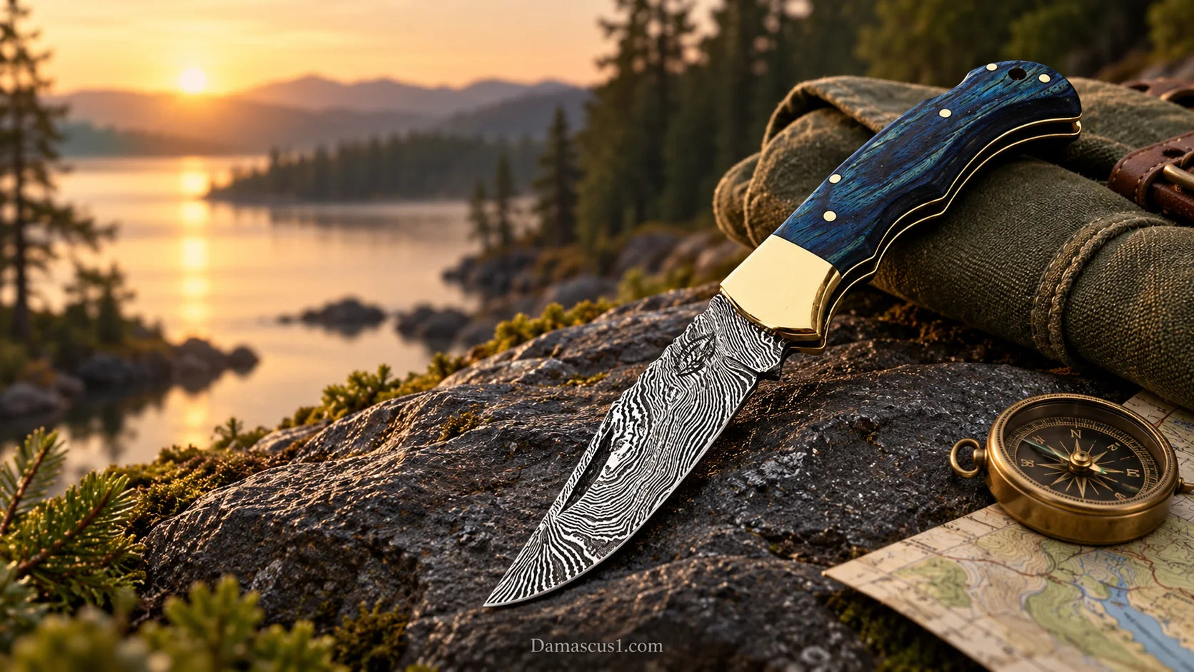 Blue-wood pocket knife beside a compass and map at a lakeside sunrise — editorial illustration